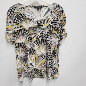 Free Rose  Yellow Black Fan Print Cutout Short Sleeve Chain Accent Top XL NWT